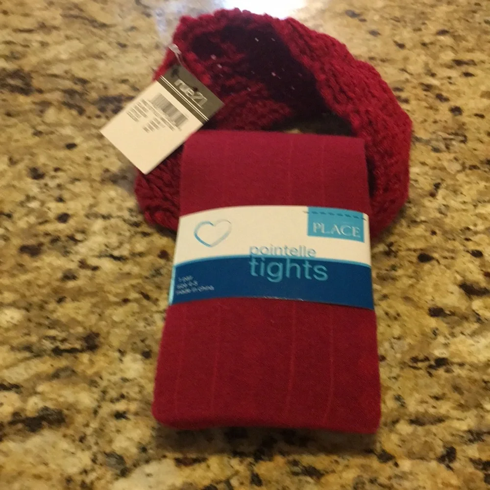 Headband & Matching Girl’s Red tights Set Size 4/5 34-43 LBs NEW Cute Warm Fun